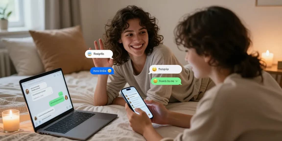 AI sexting interaction in a cozy bedroom, featuring couples' playful messages and emojis, highlighting modern romance.