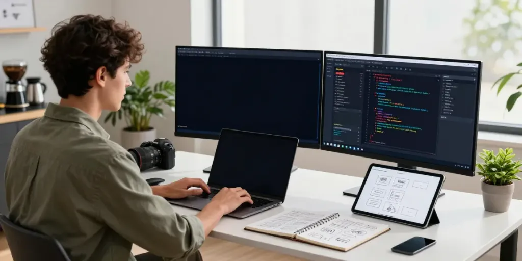 Developer engaged in instant indexing tasks at a modern tech workspace, showcasing productivity.