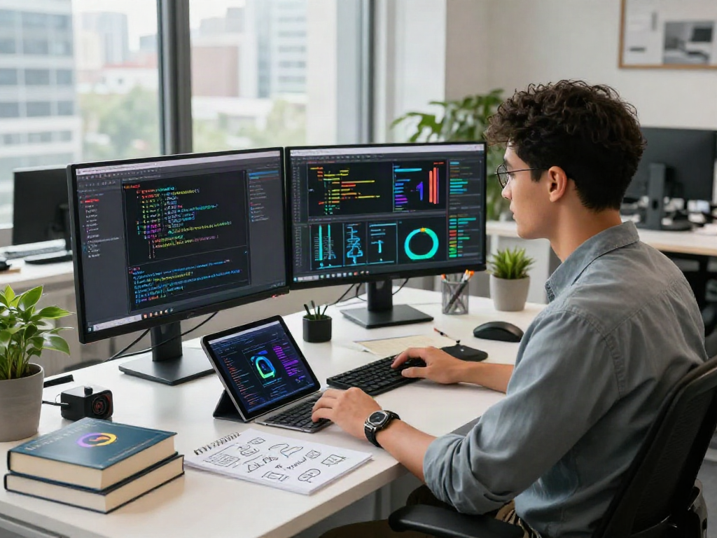 Innovative tech workspace with 'spicy ai' projects on multiple screens.