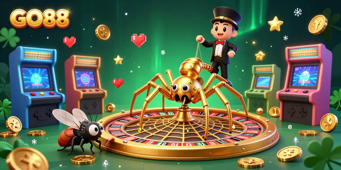 Experience GO88's vibrant casino atmosphere with a colorful 3D spider, roulette wheel, and arcade elements.