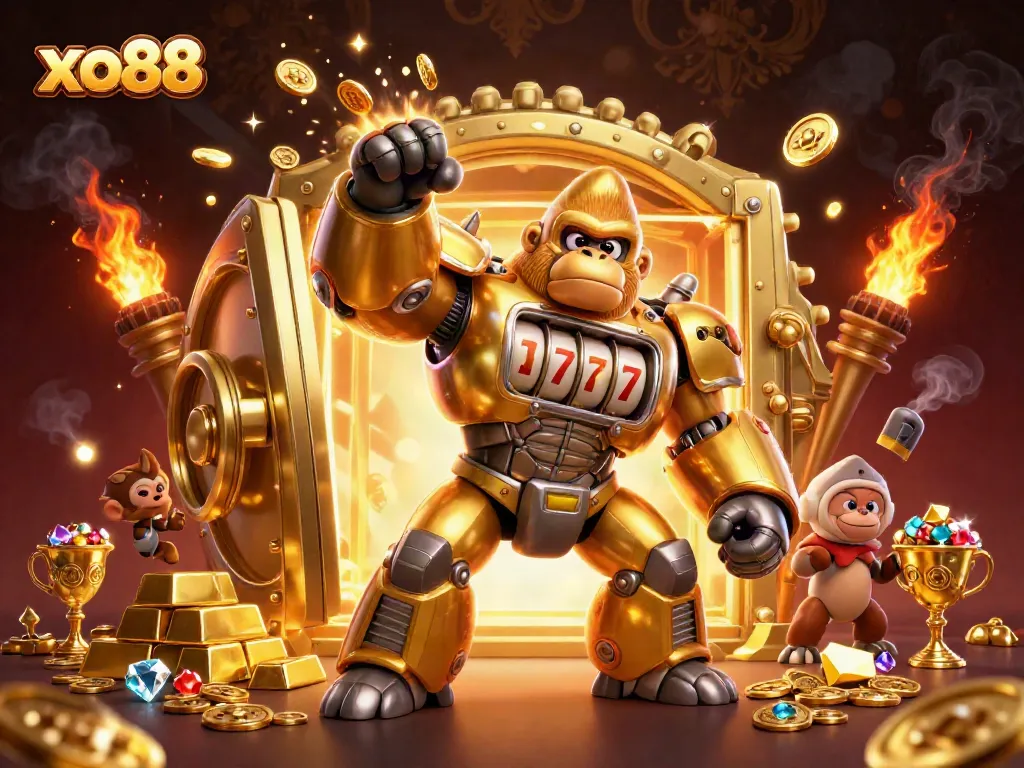 Experience excitement at xo88 with a dynamic 3D golden gorilla mech surrounded by treasures and gambling elements.