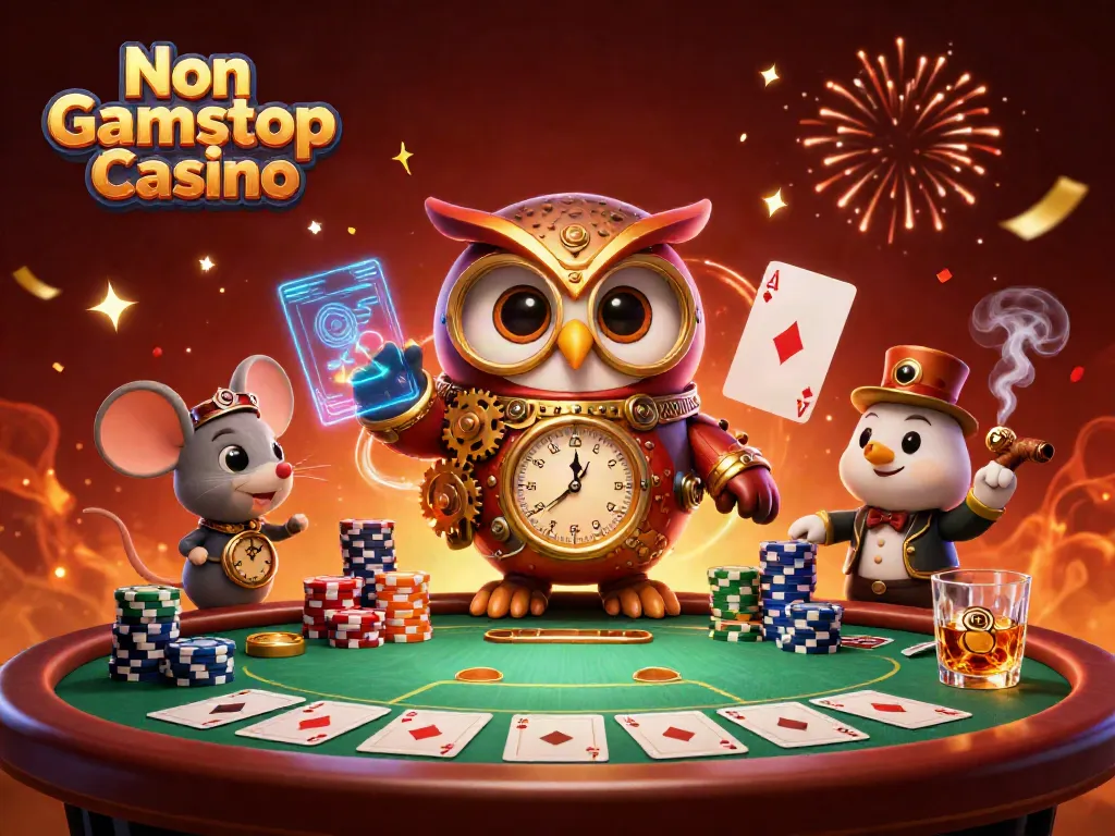 Experience the vibrant world of Non Gamstop Casino with 3D cartoon characters engaging at a poker table full of colorful chips and cards.