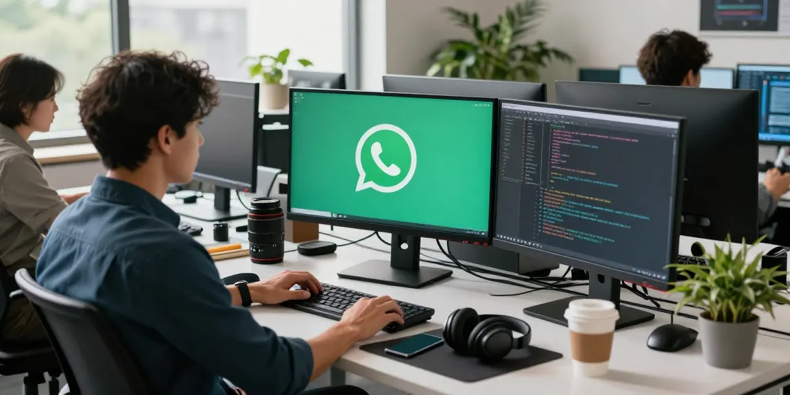 WhatsApp下載 on multiple monitors in a modern tech workspace with a professional coding and focused atmosphere.