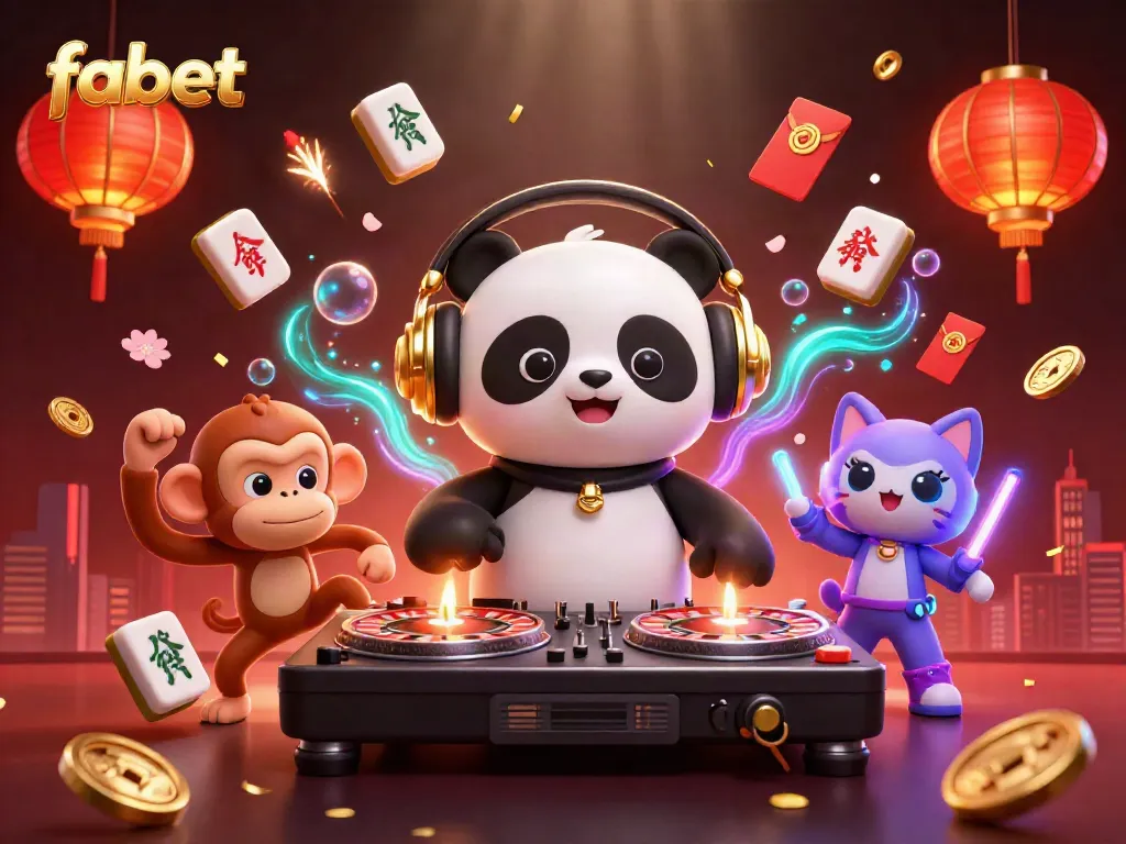 Experience the vibrant casino atmosphere with fabet's DJ panda and lively characters celebrating online gaming.