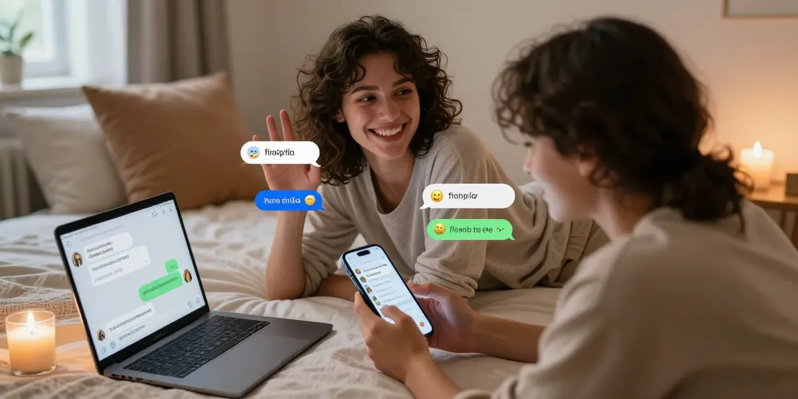 AI sexting interaction in a cozy bedroom, featuring couples' playful messages and emojis, highlighting modern romance.