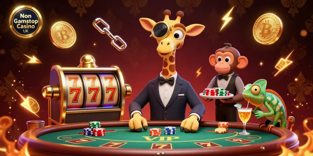 Experience Non Gamstop Casino UK with 3D characters enjoying poker and gaming excitement.