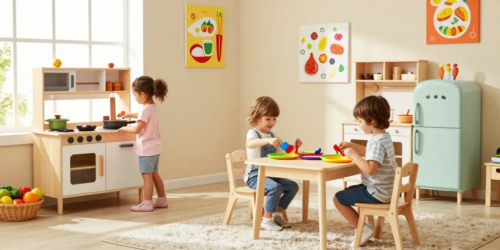 Kids kitchen scene with children joyfully playing in their vibrant playroom, engaging with a realistic wooden kitchen set.