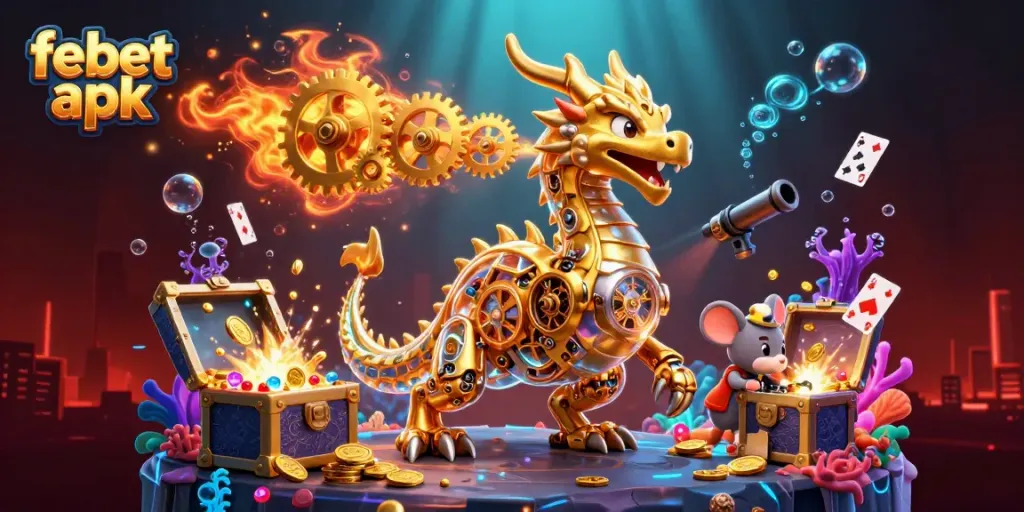 Engage in thrilling gameplay with febet apk, featuring a biomechanical dragon and golden treasures.