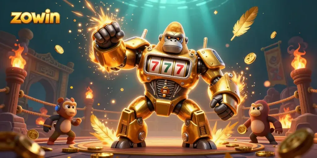 Immerse in the zowin gaming adventure as the mechanized gorilla unleashes jackpots in a vibrant casino setting.