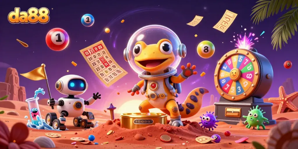 Experience da88's thrilling casino fun with a Martian gecko discovering hidden treasures.