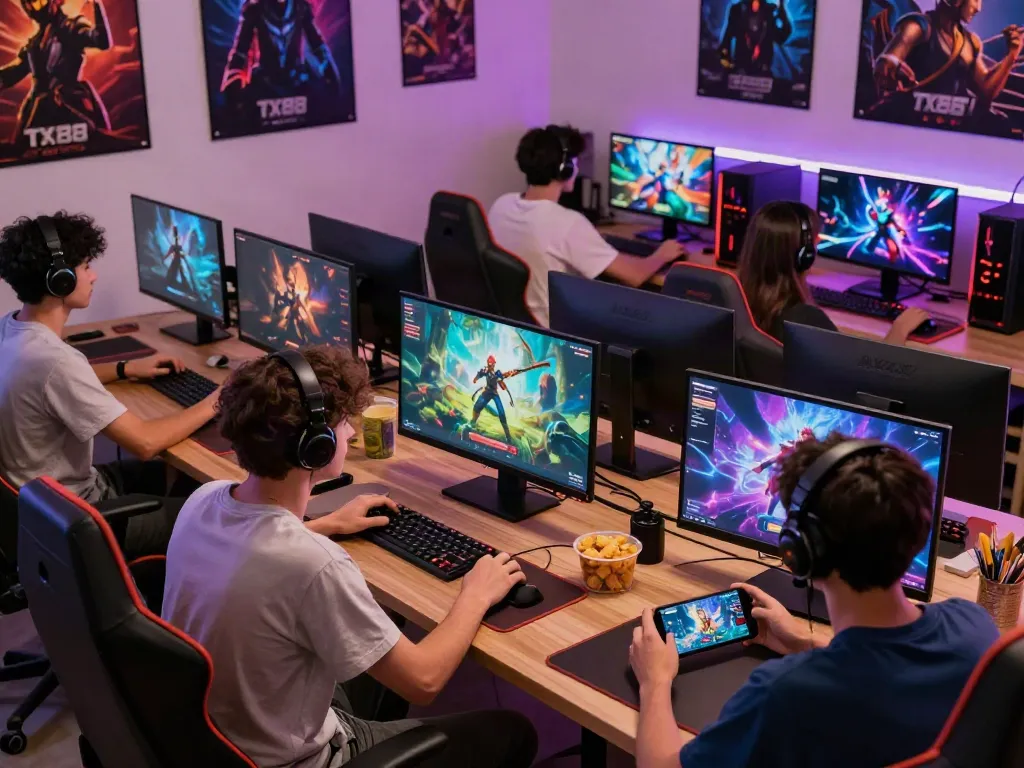 Players enjoying online games at home with TX88, vibrant setup.