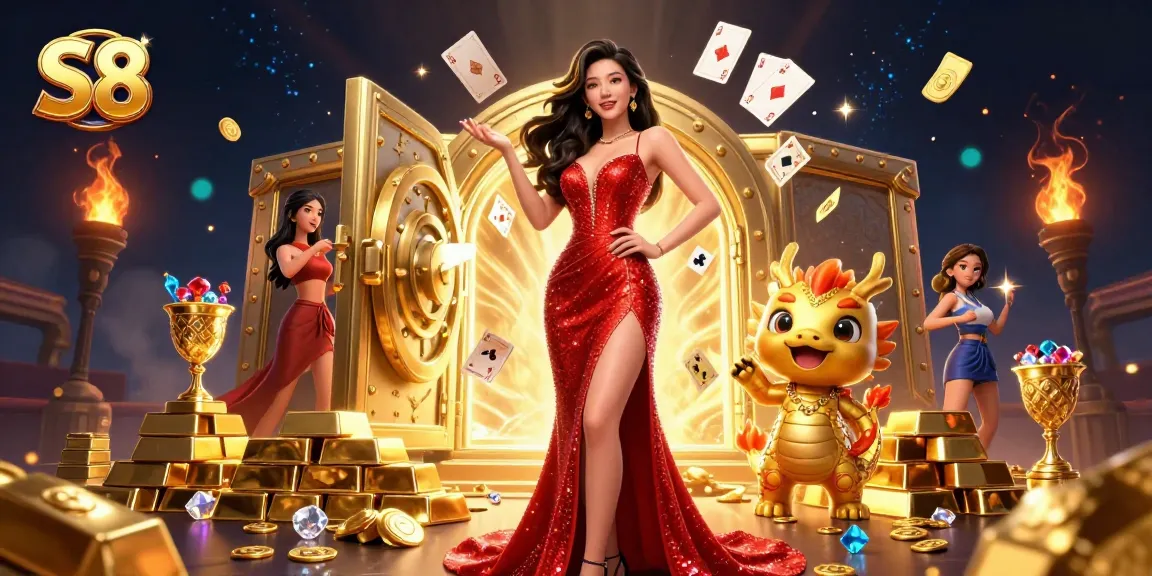 S8 casino illustration featuring an Asian woman and a golden dragon amidst dynamic gaming elements.