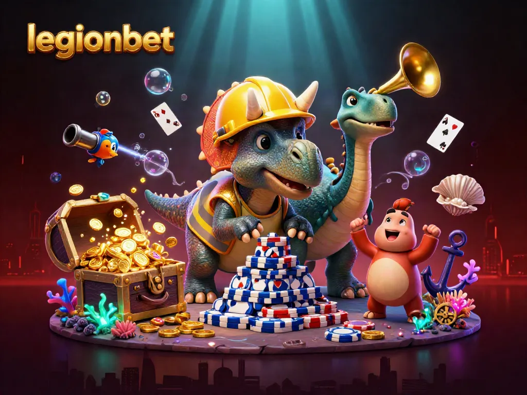 Play exciting games at Legionbet Casino with a vivid illustration of celebrating dinosaurs and dynamic casino elements.
