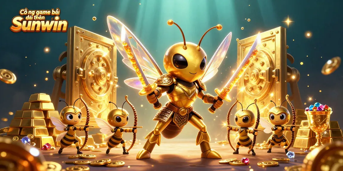 Cổng game bài đổi thưởng Sunwin showcases a vibrant 3D fantasy scene with a golden hornet warrior and treasure.