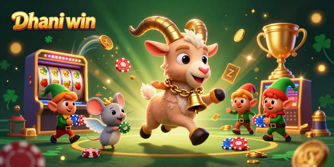 Dhani win platform showcases a lively casino scene with cartoon characters and engaging slot reels.