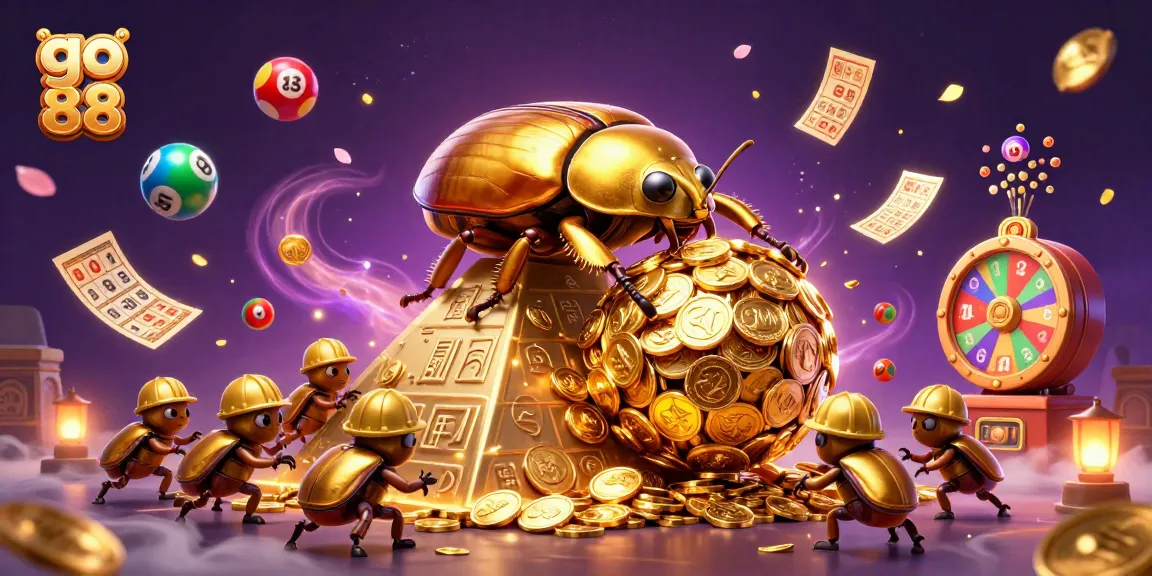 Experience the excitement of go 88 with a colorful illustration of a golden beetle amidst casino symbols.