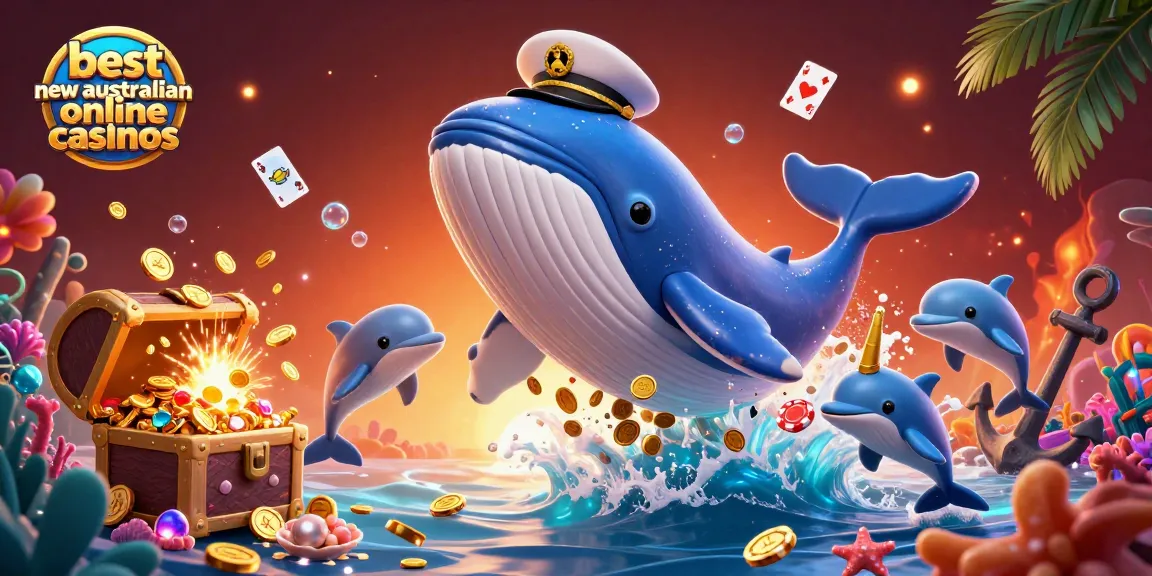 Play casino games at the best new australian online casinos while exploring playful dolphins and a cartoon whale.