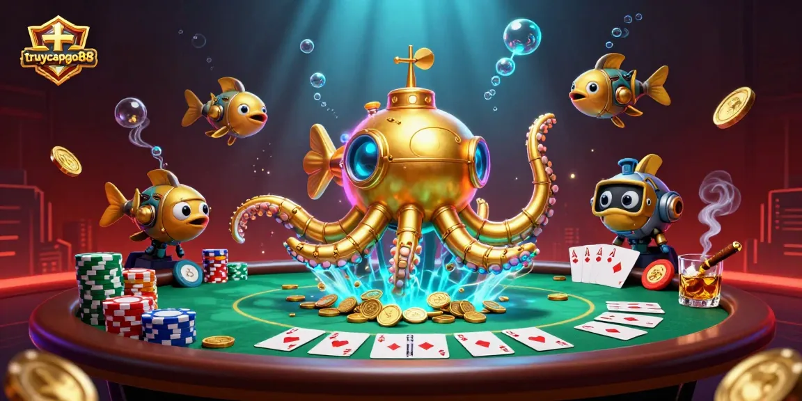 Exciting gaming experience at truycapgo88 showcases a golden kraken submarine with poker elements.