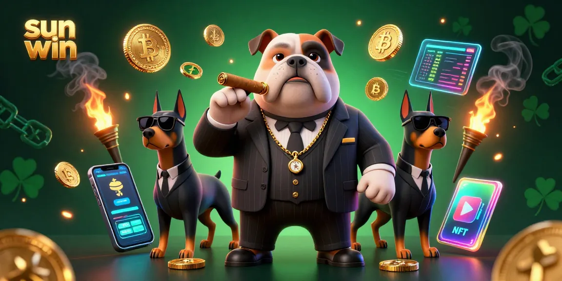 Engage with the sun win experience featuring a mafia bulldog and Doberman bodyguards in a vibrant casino scene.