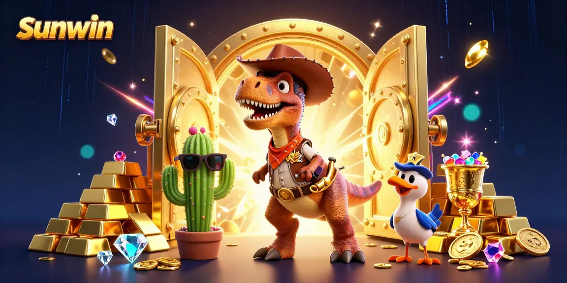 Win big with sunwin at an exciting 3D casino scene with treasure, T-Rex, and friends!