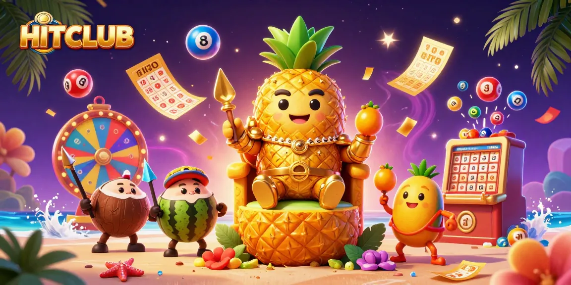 HITCLUB invites players to enjoy a vibrant lottery scene featuring a golden pineapple king and a beach casino atmosphere.