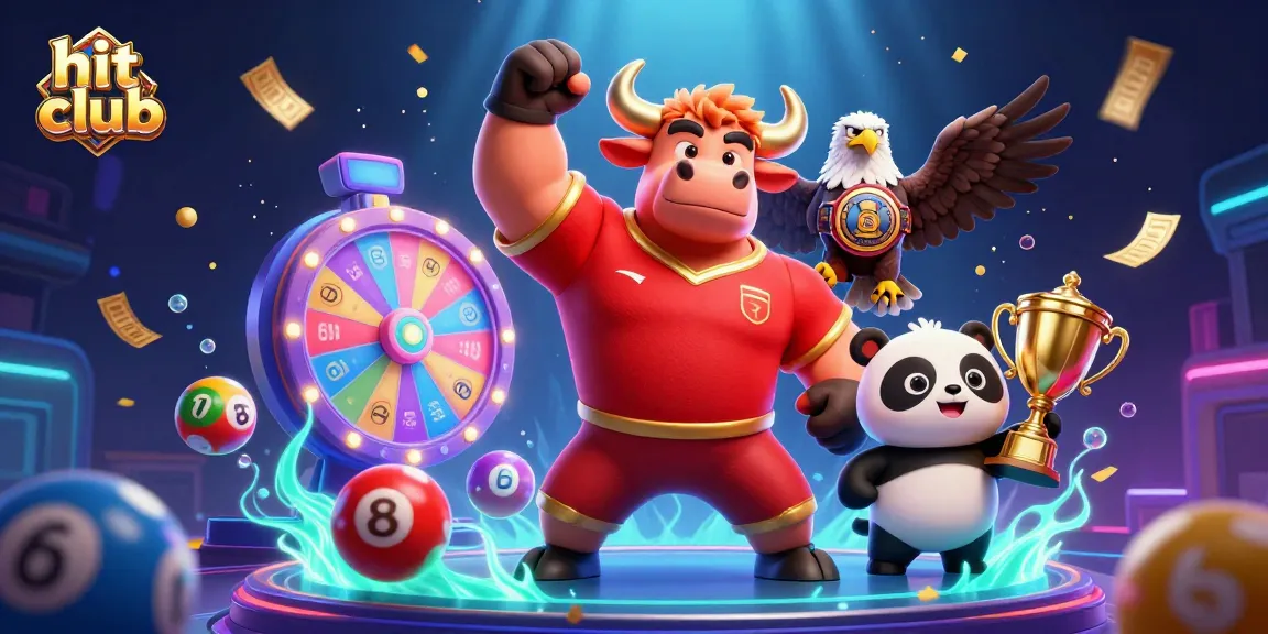Experience the thrill of hit club as a bull mascot celebrates winning with a golden trophy surrounded by vibrant game elements.